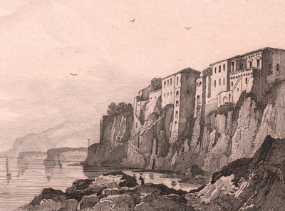 Pohled na Sorrento s domem Torquata Tasso, Kampánie, Itálie, ocelorytina Sauvage podle kresby Julese Coigneta (1798-1860), cca 13x10 cm od Jules Coignet