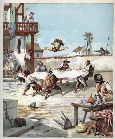 V hostinci Sancho Panza je manipulován, volá svého pána Dona Quijota, aby mu pomohl - V hotelu des gaillards vyrábí voltiger Sancho Panza s dekou, Sancho volá na pomoc svému pánovi Don Quijote - Ilustrace Julese Davida (1808-1892) z Histoir od Jules David