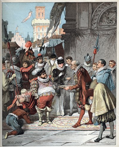 Sancho Panza jmenován guvernérem ostrova Barataria - Sancho Panza se stal trvalým guvernérem ostrova Barataria - Ilustrace Julese Davida (1808-1892) z Histoire de Don Quijote (Don Quijote) - 1887 - Miguel de Cervantes Saavedra (1547-1616) - od Jules David