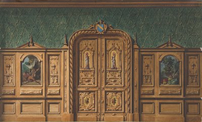 Design pro pokoj s dřevěnými panely vykládanými malbami a silně vyřezávanými dvoukřídlými dveřmi, 1830-97. Tvůrci: Jules-Edmond-Charles Lachaise, Eugène-Pierre Gourdet. od Jules Edmond Charles Lachaise and Eugène Pierre Gourdet