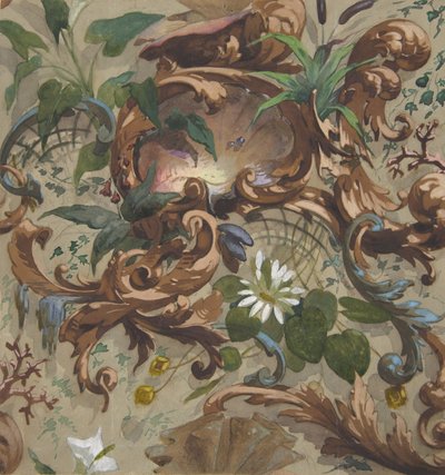 Design pro tapety s lasturami, lekníny a orobincem, 1830-97. Tvůrci: Jules-Edmond-Charles Lachaise, Eugène-Pierre Gourdet. od Jules Edmond Charles Lachaise and Eugène Pierre Gourdet