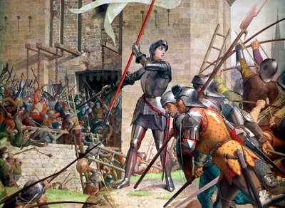 Stoletá válka: Johanka z Arku v brnění před Orleansem. Detail obrazu Jules Eugene Lenepveu (1819 - 1898) od Jules Eugene Lenepveu