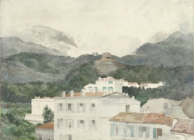 Venkovské domy na úpatí hor, vysoké hory před námi, La Turbie od Jules Ferdinand Jacquemart