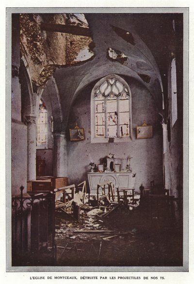 Kostel Montceaux, zničený projektily z č. 75 od Jules Gervais Courtellemont