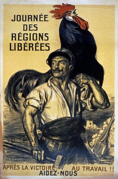 "Journee des Regions Liberees", plakát propagující poválečnou rekonstrukci od Jules Marie Auguste Leroux