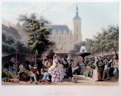 Pohled na Quai aux Fleurs v Paříži Procházka po Ile de la Cite. Litografie Julese Marie Desandre (1845-?) Paříž 19. století, Musee Carnavalet od Jules Marie Desandre