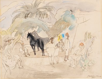 Figurky a dva koně v krajině, 1921 (wc na papíře) od Jules Pascin