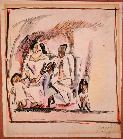 Matka, otec a tři děti (akvarel na papíře) od Jules Pascin