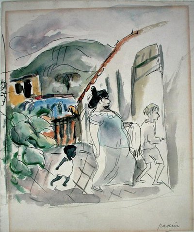 Žena a dvě děti (akvarel na papíře) od Jules Pascin