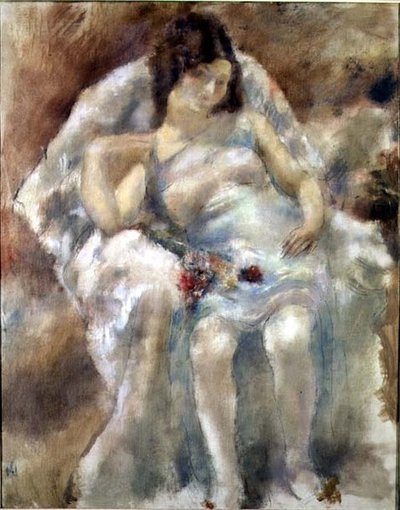 Mladá žena sedí s květinami od Jules Pascin