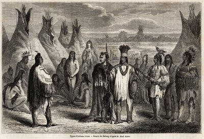 Typy kanadských indiánů Crees, kresba Pelcoqa, pro ilustraci průzkumu Skalistých hor v letech 1857-59 kapitánem Johnem Palliserem. Rytina v „“ Le tour du monde, nouveau journal des voyages““ Paříž od Jules Pelcoq