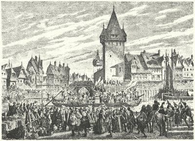 Hirsebreifahrt, přeprava nákladu prosa lodí z Curychu do spojence města, Štrasburku od Jules Theophile (after) Schuler