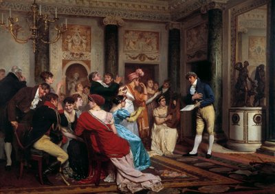 Romantika je v módě Čtení divadla v pařížském salonu. (Salon Litteraire) Obraz Julese Wormse (1832-1914) Paříž 19. století, Palais du Luxembourg od Jules Worms