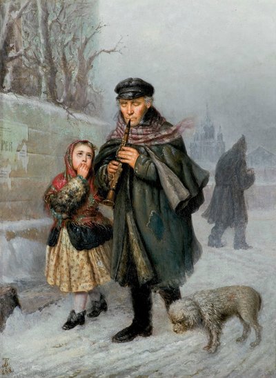 Klarinetista - pouliční scéna z Petrohradu (žebrácký klarinetista s dívkou a psem). od Julian Bończa Tomaszewski