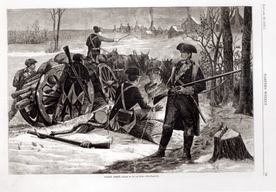 Zimní scéna v táboře kontinentální armády ve Valley Forge, Pennsylvania, 1780, z 