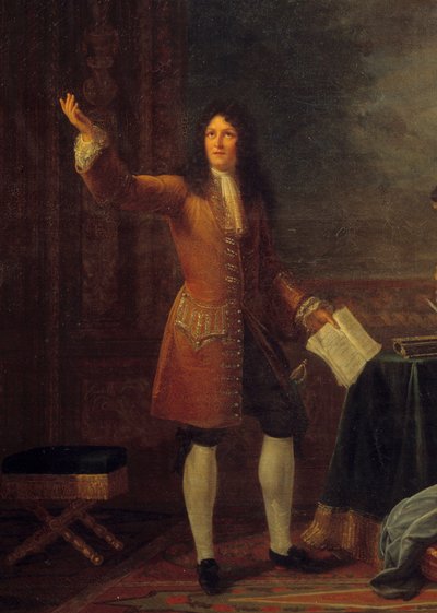 Jean Racine (1639-1699) čte svou hru před francouzským králem. Detail obrazu „“ Jean Racine (1639-1699) s nápisem „“ Athalie““ před Ludvíkem XIV. (1638-1715) a Francoise d