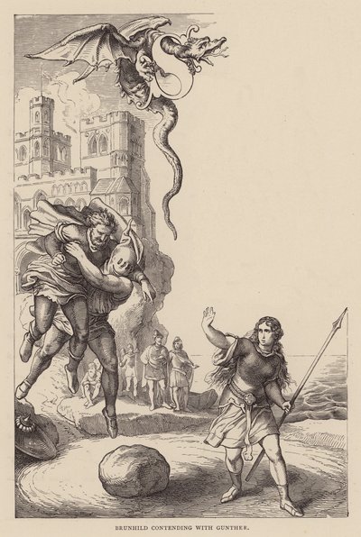 Brunhilda bojující s Guntherem (rytina) od Julius (after) Schnorr von Carolsfeld