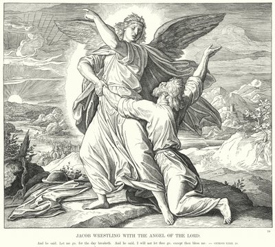 Jacob Wrestling with Angel of the Lord (rytina) od Julius (after) Schnorr von Carolsfeld