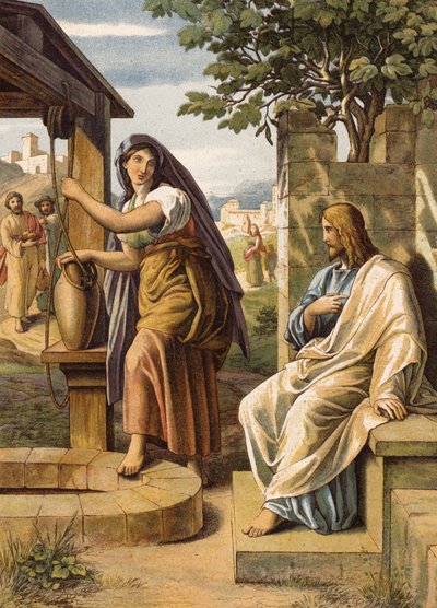 Ježíš a samařská žena (barevná litografie) od Julius (after) Schnorr von Carolsfeld