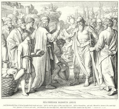 Melchizedek Blesseth Abram (rytina) od Julius (after) Schnorr von Carolsfeld