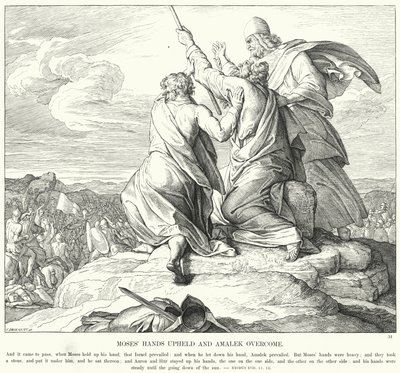 Mojžíšovy ruce vztyčené a Amalek překonán (rytina) od Julius (after) Schnorr von Carolsfeld