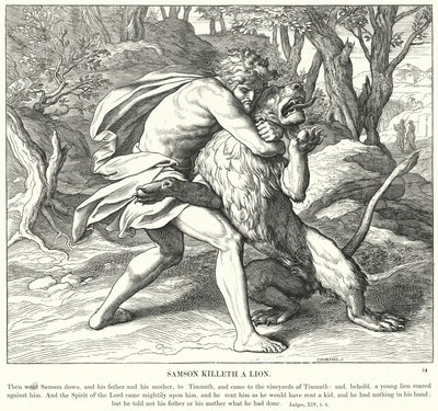 Samson Killeth a Lion (rytina) od Julius (after) Schnorr von Carolsfeld