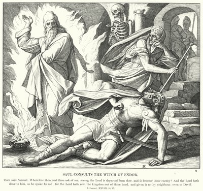 Saul Consults the Witch of Endor (rytina) od Julius (after) Schnorr von Carolsfeld
