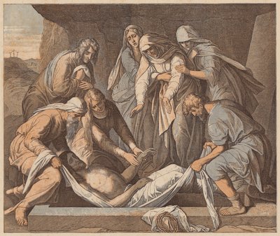 Ukládání Krista do hrobu, svatý Jan, XIX, 41, 42 (kolorovaná rytina) od Julius (after) Schnorr von Carolsfeld