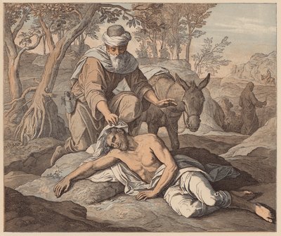 Milosrdný Samaritán, svatý Lukáš, X, 33, 34 (kolorovaná rytina) od Julius (after) Schnorr von Carolsfeld