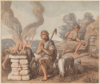 Oběti Kaina a Ábela, Genesis, IV, 3, 4 (kolorovaná rytina) od Julius (after) Schnorr von Carolsfeld