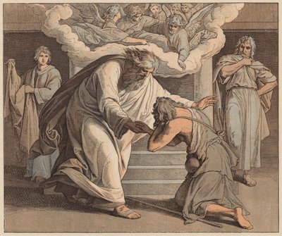 Marnotratný syn, svatý Lukáš, XV, 20 (kolorovaná rytina) od Julius (after) Schnorr von Carolsfeld