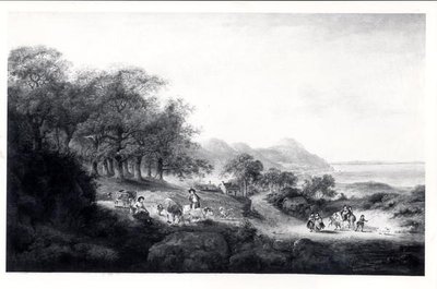 Pohled do dálky na Anglesea (olej na plátně) (černobílý tisk) od Julius Caesar Ibbetson