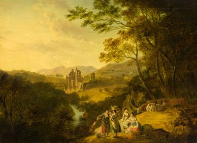 Zámek Rosslyn s pračkami a dobytkem, cca 1800 (olej na plátně) od Julius Caesar Ibbetson