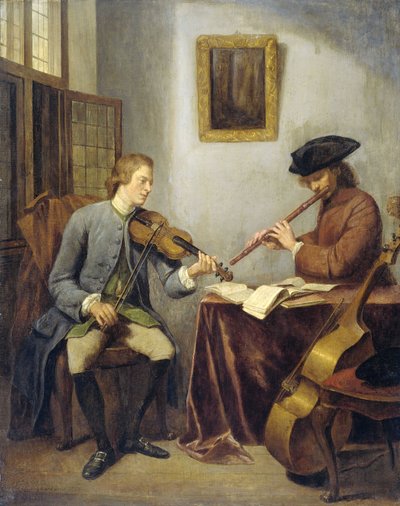 Hudebníci, houslista a flétnista tvořící společně hudbu, 1755 od Julius Henricus Quinkhard