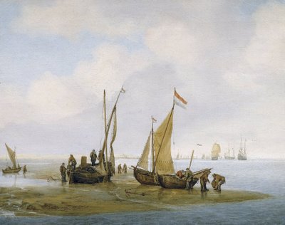 Lov mušlí, tři holandské rybářské lodě na břehu, z nichž jedna má zvednutou plachtu, a skupinky rybářů, kteří se věnují údržbě a vykládání lodí, o kus dál na pláži nesou další dvě lodě koše plné mušlí. od Julius Porcellis