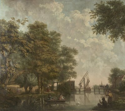 Tři nástěnné tapety s holandskou krajinou Tapetová malba holandské krajiny s otevřeným mostem Tři tapety holandské krajiny od Jurriaan Andriessen (attributed to)