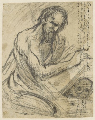 H. Hieronymus, píšící do knihy, kterou drží nad lebkou od Jusepe de Ribera
