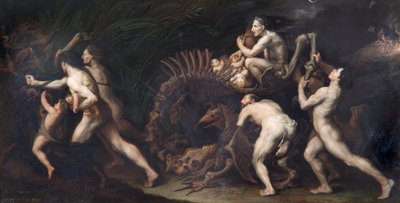 La Carcasse: Čarodějnice kreslená na kostře netvora, před cca 1620 (olej na mědi) od Jusepe de Ribera
