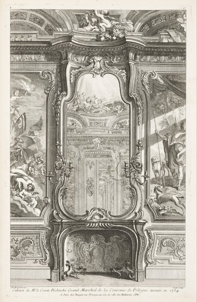 Kabinet pana hraběte Bielenského Grand maršál polské koruny popraven v roce 1734; Chiminée se sklem, s částí nosného obložení a obrazy na každé straně, 1. deska od Juste Aurèle Meissonnier