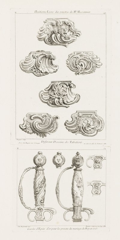 Strážci zlatého meče pro věznice královského manželství v roce 1725 Mečová rukojeť na počest královského manželství v roce 1725, pl. 52 v díle Juste-Aurele Meissonnier od Juste Aurèle Meissonnier