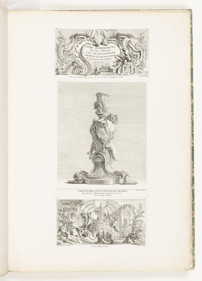 Ozdoby Knihy vynalezené a nakreslené architektem J.A. Meissonniera, kreslířem ložnice a kabinetu DU ROI, pl. 20 v dílech Juste-Aurèle Meissonnier od Juste Aurèle Meissonnier