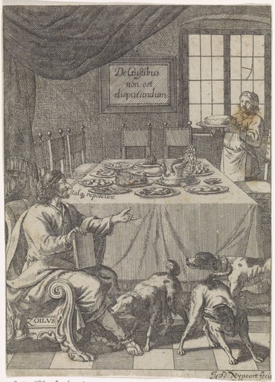 Zoilus sedí u prostřeného stolu De Gustibus non est disputandum (název na objektu) od Justus van den Nijpoort