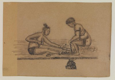 Ilustrace k legendě Inuitů (dvě nahé osoby zapalující oheň) od Kaarale Andreassen