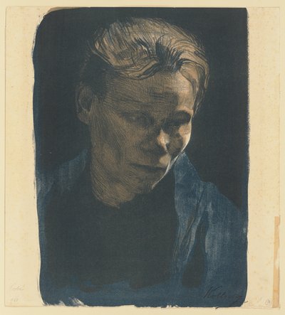Portrét ženy z dělnické třídy v polodélném zobrazení s modrým šálem od Käthe Kollwitz