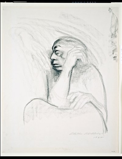 Autoportrét s rukou smrti, 1924 (uhl na papíře) od Käthe Kollwitz