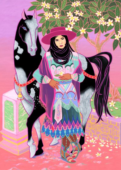 Cantones Cowgirl Waiting Under Plumeria, 2020 (akryl na bavlně) od Kam Tsz