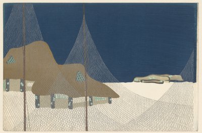 Rybářská vesnice, 1909 (dřevotisk) od Kamisaka Sekka