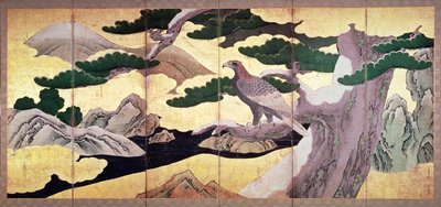 The Hawks in the Pines, 6 panelová skládací obrazovka (pero a inkoust, barva, zlato na panelu) (viz 216561) od Kano Eitoku