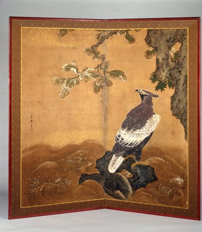 Hawk-Eagle And Oak (inkoust a barva na papíře) od Kano Sanraku