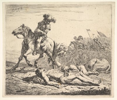 Bojiště s jezdcem, který se dívá přes levé rameno na svlečenou mrtvolu na gro..., 1652. od Karel Du Jardin